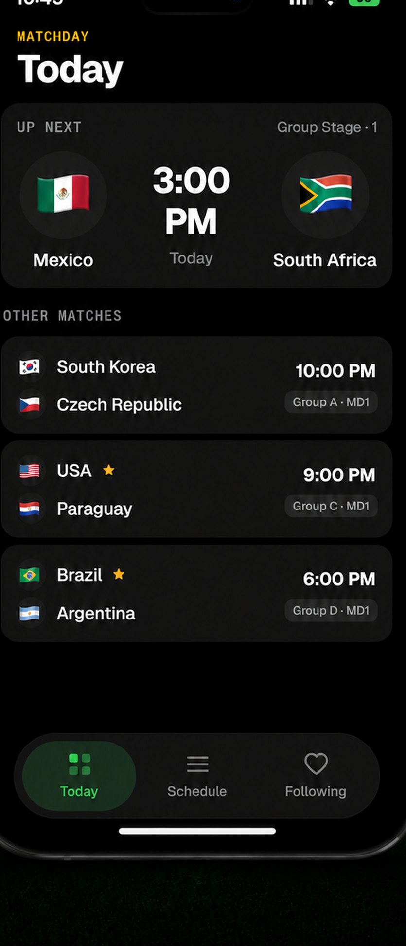 Touchline Today screen listing the day's matches, an up-next fixture, and kickoff times